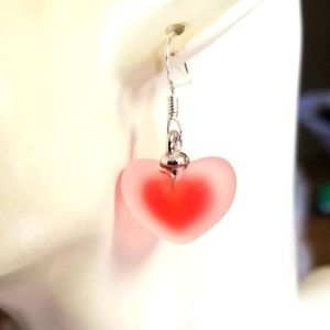 Sterling Silver Earrings Red Heart Frosted Glass Earrings Dangle Womens Jewelry